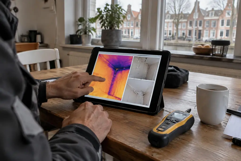 Lekdetectie Zutphen – lekdetectierapport met warmtebeelden en foto's op een tablet
