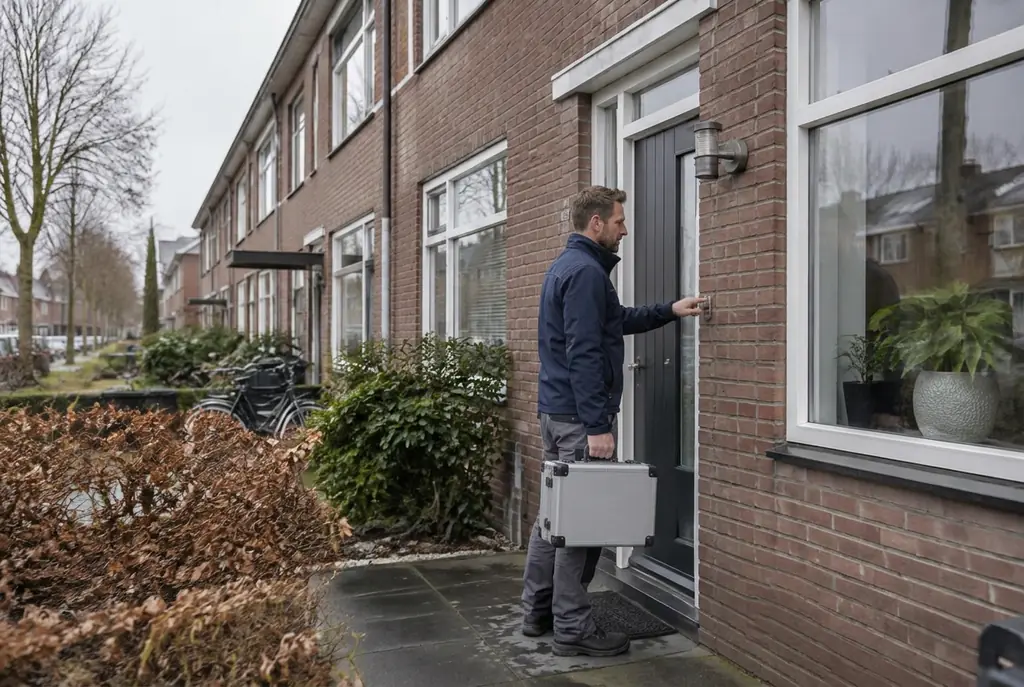 Lekdetectiespecialist met meetkoffer bij de voordeur van een woning in Zutphen